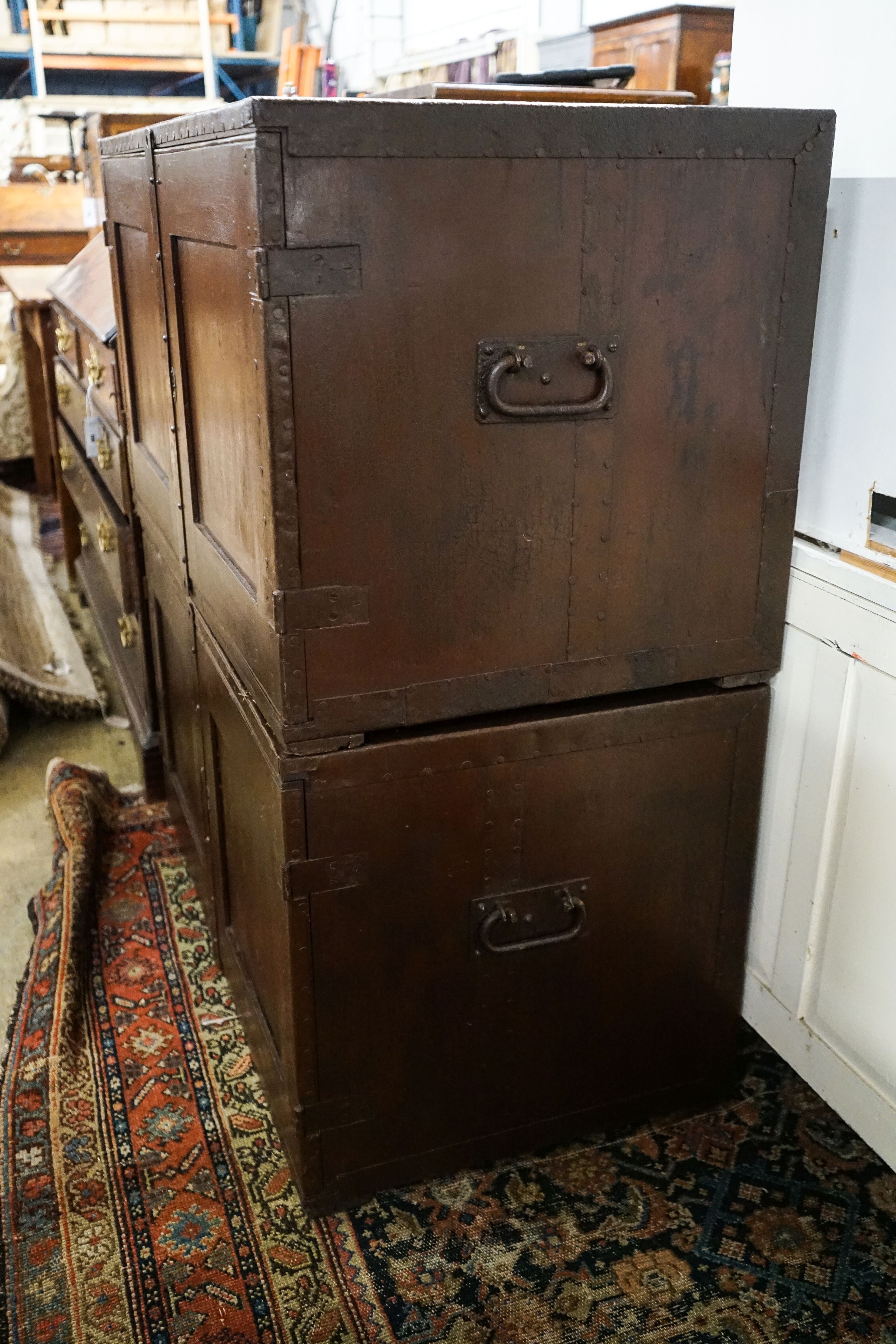 A pair of iron bound hardwood campaign cabinets, each width 97cm, depth 51cm, height 52cm